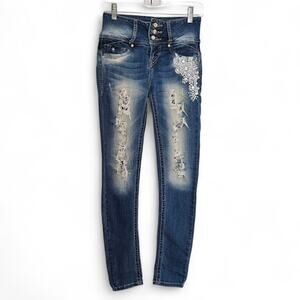 Evolution Jeans Womens Distressed Beaded Embroidered Mid-Rise Skinny Vintage Y2K